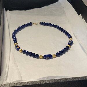 Vintage Blue Glass Beaded Choker Necklace with Gold Beads